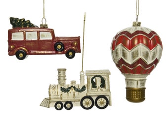 Christbaumschmuck Kunststoff Fahrzeuge 7cm rot / beige - 3er Set