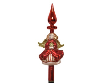 Puntale per albero di Natale in vetro con figura di angelo 27 cm rosso