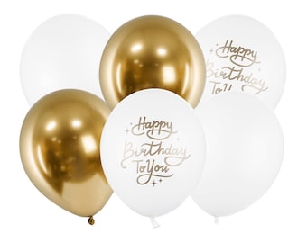 Luftballons 30cm mit Schrift Happy Birthday 6er Set gold / weiß