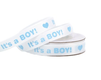 Geschenkband Baby / Its a Boy 12mm x 10m Rolle weiß / blau