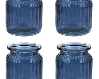 Lanterne verre rainuré 8 x 9 cm lot de 4 bleu foncé