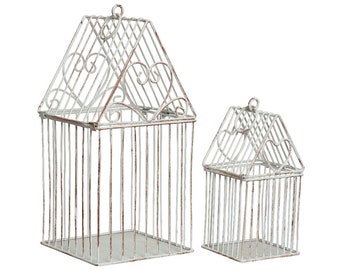 Vogelkäfig Deko in Hausform mit Herzen Metall 15-25cm weiß 2er Set