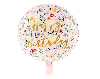 Ballon aluminium Joyeux anniversaire avec motif floral 35 cm rond rose