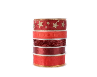 Gift ribbon 15-25 mm & 2 mm cord set of 5, 3 m red