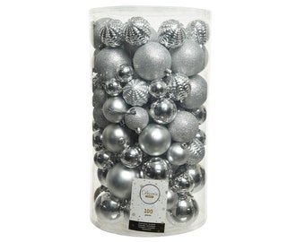 Weihnachtskugeln Kunststoff Mix 4-8cm silber, 100er Set