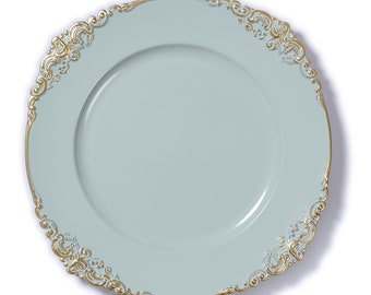 Decorative plastic plate with golden curlicue pattern 35 cm light blue