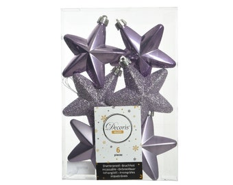 Décoration de sapin de Noël étoiles 7 cm en plastique 6 pièces - violet chiné