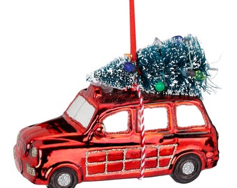 Décoration de sapin de Noël voiture en verre avec sapin de Noël 12 cm rouge