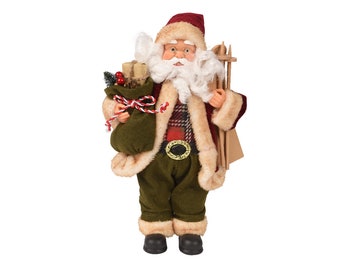 Weihnachtsmann Figur Kunststoff 30cm mit Geschenk und Ski - Rot / Grün