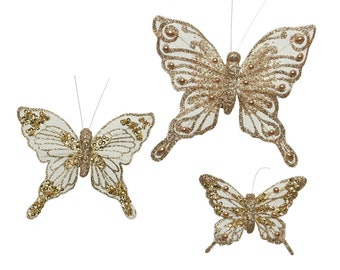 Butterflies with glitter and pearls on clip gold, set of 3