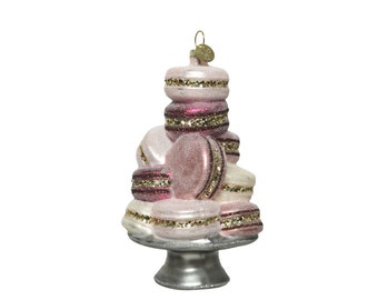 Décoration de sapin de Noël tour macaron en verre 14 cm rose/gris