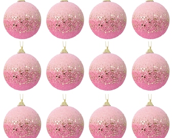 Christmas balls plastic 8 cm beads sequins set of 12 - pink