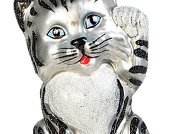 Christbaumschmuck Glas winkende Katze 8cm silber