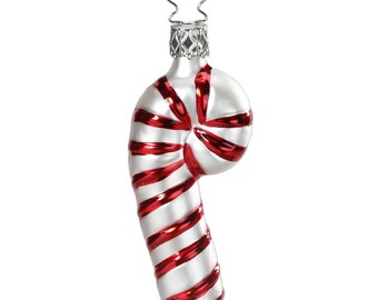 Décoration de sapin de Noël canne en bonbon en verre 9 cm blanc / rouge 1 pièce