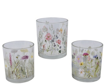 Tealight holder glass with flowers 8 x 9 cm colorful 1 piece assorted