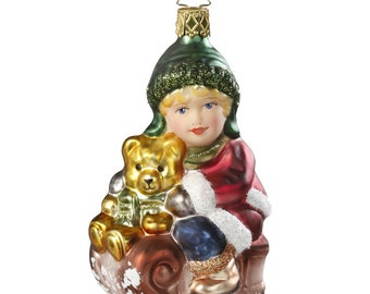 Christbaumschmuck Kind auf Schlitten mit Teddy Glas 11cm bunt, 1 Stück