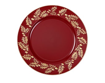 Assiette décorative plastique Ilex ornements 33 cm or rouge