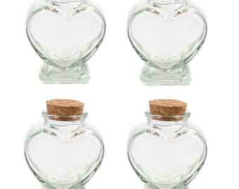 Bouteilles en verre avec bouchons forme coeur 8 cm transparent 70ml, lot de 4