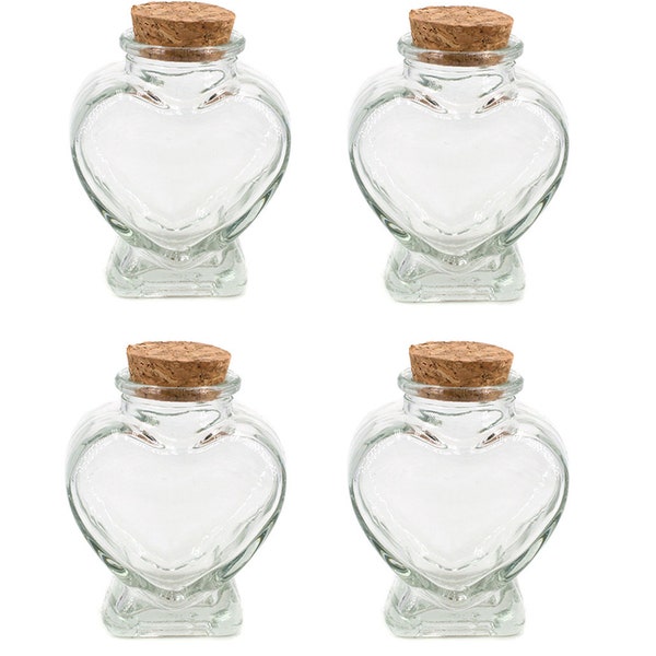 Bouteilles en verre avec bouchons forme coeur 8 cm transparent 70ml, lot de 4