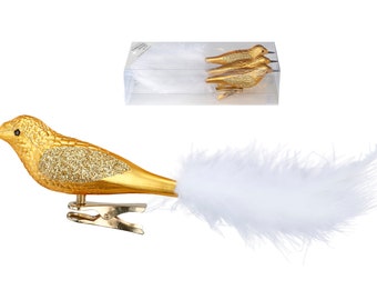 Décoration de sapin de Noël plumes d'oiseaux en plastique sur clip lot de 3 - doré