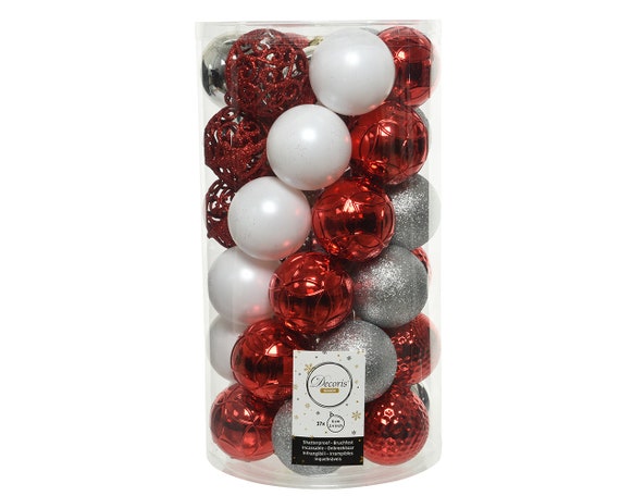 Christmas Balls Plastic Ornaments 6 Cm Red / White / Silver Set of 37 