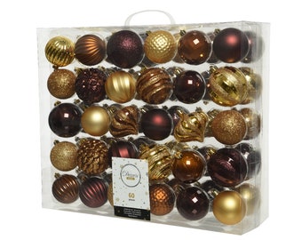 Boules de Noël en plastique 6-7 cm ornements lot de 60 - or brun