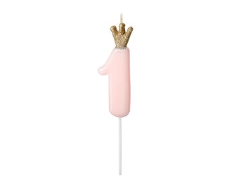 Birthday candle number 1 with glitter crown 9.5 cm pink