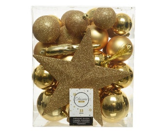 Boules de Noël en plastique avec étoile de sapin, lot de 33 - or clair