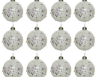 Glass Christmas balls 8 cm in a glitter look, set of 12, clear iridescent