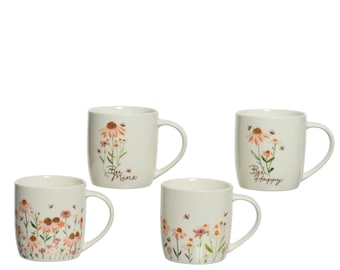 Tasse Blumen Bienen Muster Porzellan 12cm Creme / Rosa 1 Stück sort.