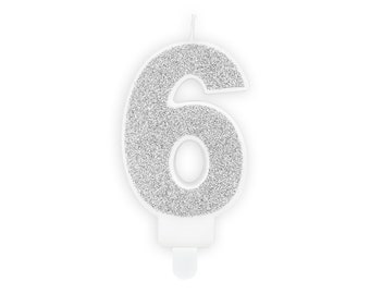 Bougie d'anniversaire numéro 6 avec paillettes 7 cm argent