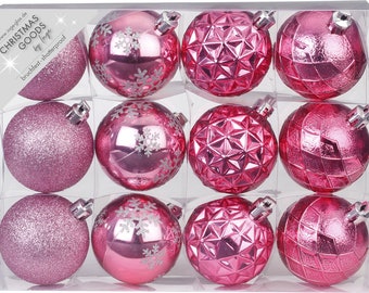 Boules de Noël en plastique avec motif mix 6 cm rose, lot de 12