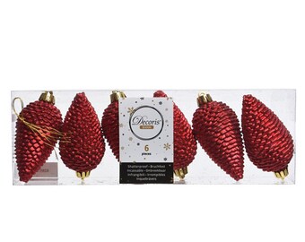 Cônes de décoration de sapin de Noël en plastique 8 cm, 6 pièces rouges