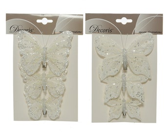 Butterflies with glitter and pearls on clip white, set of 3