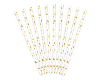 Pailles en papier avec coeurs 19 cm or blanc lot de 10