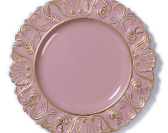 Decorative plastic plate with golden baroque ornament 35 cm pink