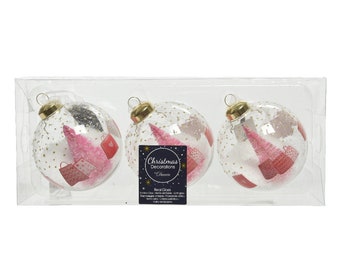 Boules de Noël en verre 8 cm Sapin de Noël et cadeaux lot de 3 clair / rose