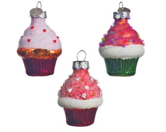 Décoration de sapin de Noël mini cupcakes en verre 6 cm rose / rose 1 pièce assortie