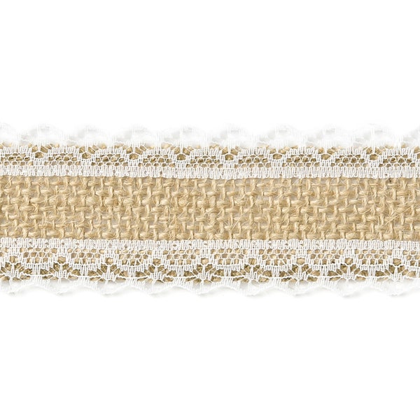 Juteband mit weißer Spitze 4cm x 5m Rolle natur braun weiß