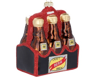 Christmas tree decoration glass six pack beer bottles 12.5 cm brown / red