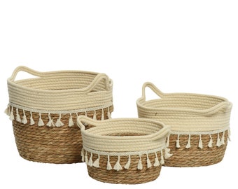 Panier en jonc de mer avec anse et franges D. 23-30 cm marron naturel lot de 3