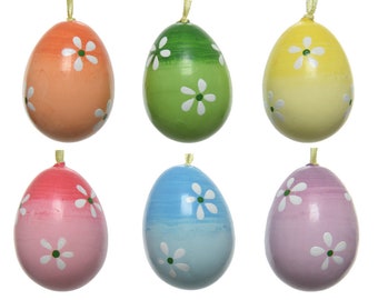 Oeufs de Pâques à suspendre avec motif fleurs 6 cm colorés, 6 pièces