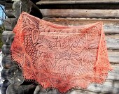 Large openwork shawl, pink coral color, made of natural wool, a chic gift for a lady, a gift for mother 39 s day