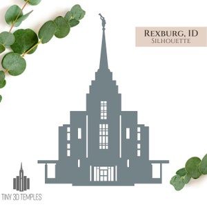 May include: A gray silhouette of the Rexburg Idaho Temple, a Mormon temple with a tall spire and a statue of an angel on top. The text "REXBURG, ID SILHOUETTE" is in the upper right corner of the image.