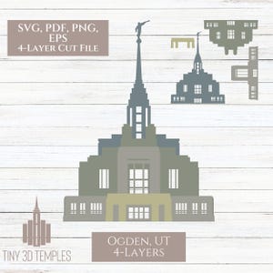 Puede incluir: Un archivo de corte digital que presenta un diseño arquitectónico de varias capas de un templo. El diseño incluye el texto "SVG, PDF, PNG, EPS, 4-LAYER CUT FILE" y "OGDEN, UT, 4-LAYERS". La paleta de colores consta de verdes apagados, grises y beige.
