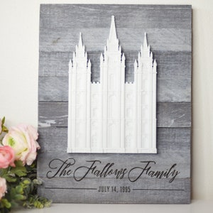 May include: A white wooden sign with a 3D cutout of a temple. The sign is painted gray and has the text "The Fallows Family - JULY 14, 1995" written in black.