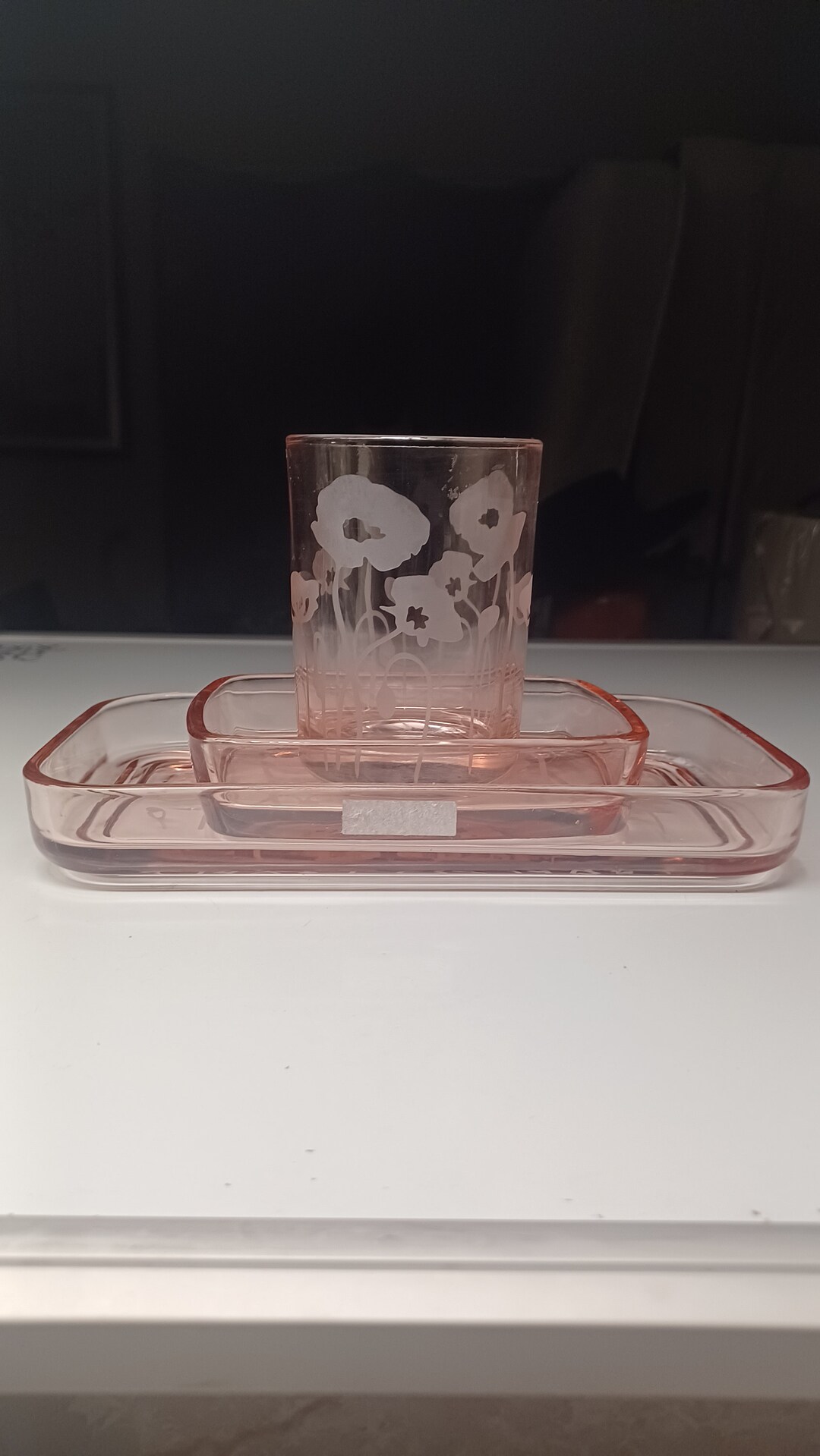 Envogue Itl 3 Piece Set Etched Pink Glass Bathroom Accessories Etsy