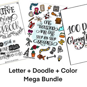 Könnte beinhalten: Ein Bundle aus drei druckbaren Arbeitsbüchern für kreatives Lettering, Kritzeln und Ausmalen. Das erste Arbeitsbuch trägt den Titel "Creative Lettering Workbook: A Guide to Mixing Lettering Styles and Combining Letters & Doodles". Das zweite Arbeitsbuch trägt den Titel "One Thousand and One Step-by-Step Doodles". Das dritte Arbeitsbuch trägt den Titel "100 Days of Coloring Doodle: 100 Pages".