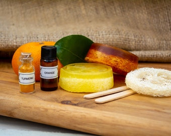 Heroes Kit- Eco Friendly Soap Making Kit Lemon, Orange, Turmeric & Loofah- SLS/SLES Free. Cruelty Free Gift Ideas.