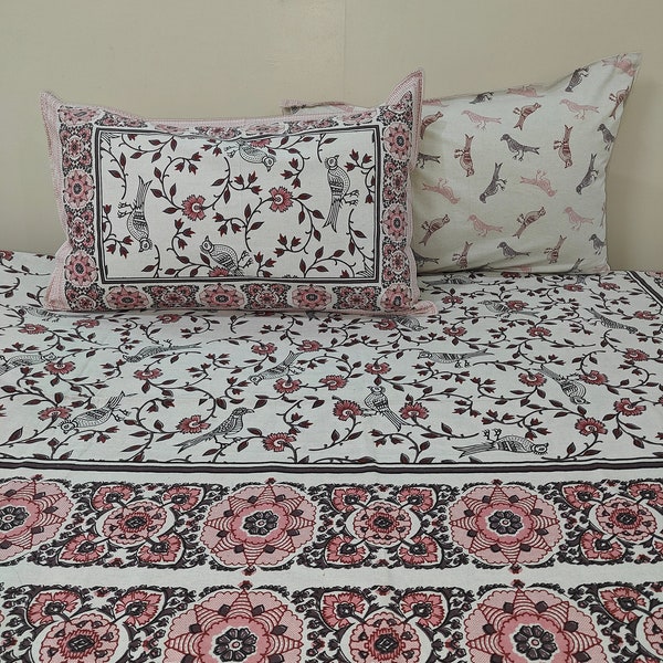 Indian Block Printed Cotton Floral Printed Queen Size Bedsheet with 2 Pillow Covers, Cotton Flat/Fitted Sheet for Home, Mother's Day Gift